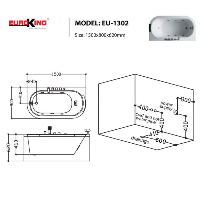 Bồn tắm massage Euroking EU-1302 5 Kích thước bồn tắm massage Euroking EU-1302