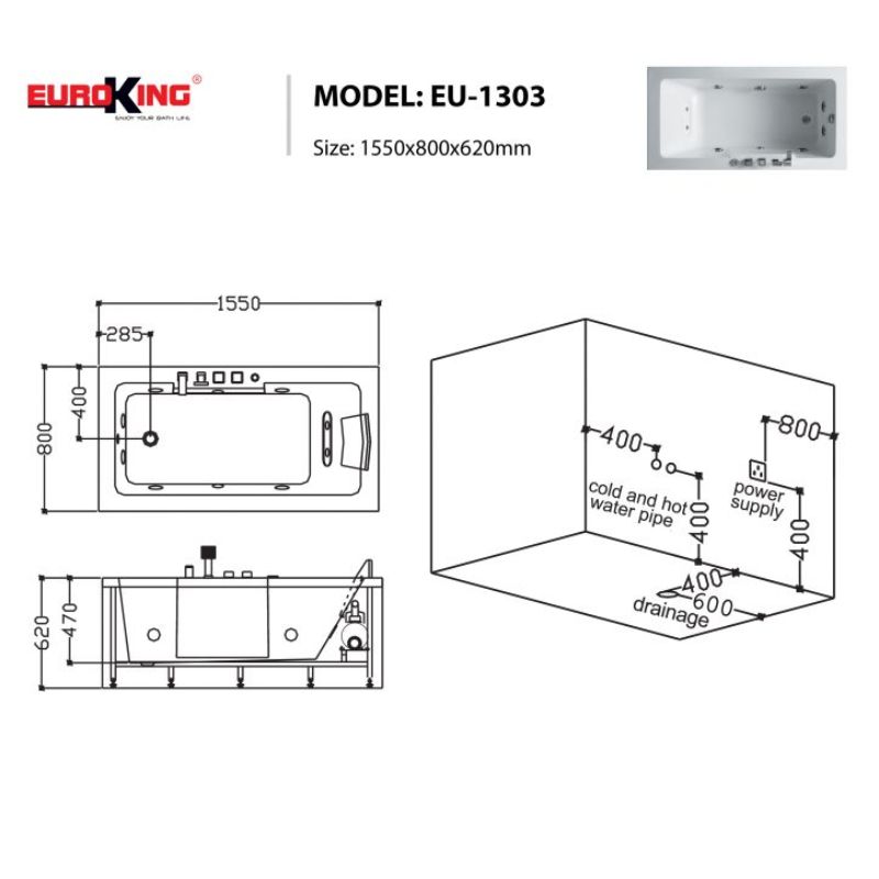 Bồn tắm massage Euroking EU-1303 5 Kích thước bồn tắm massage Euroking EU-1303