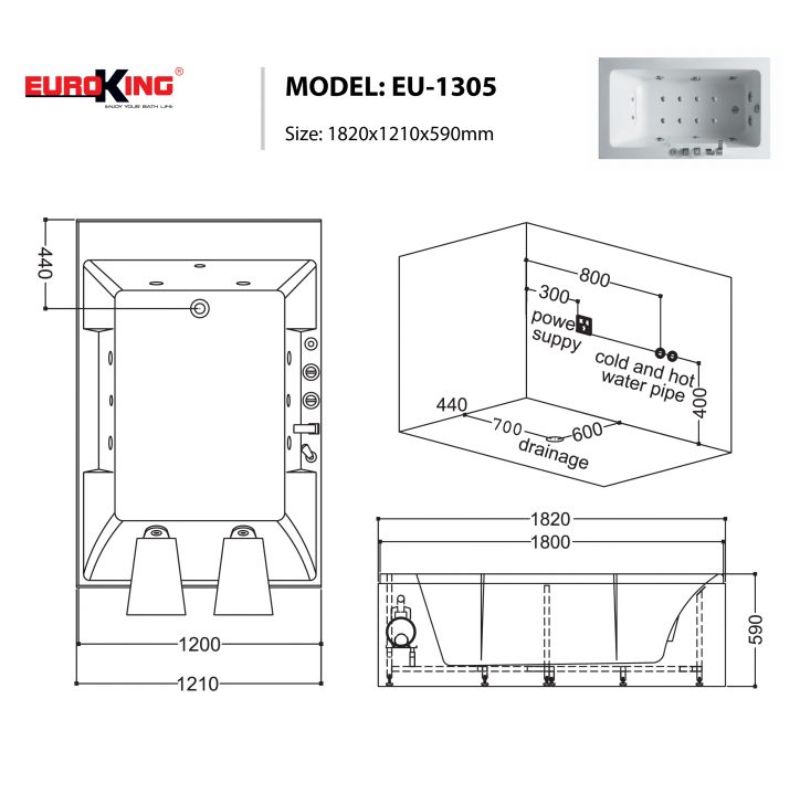 Bồn tắm massage Euroking EU-1305 5 Kích thước bồn tắm massage Euroking EU-1305