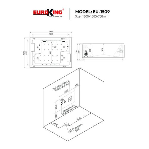 Bồn tắm massage Euroking EU-1509 9 Kích thước bồn tắm massage Euroking EU-1509