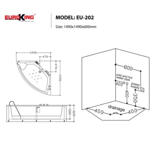 Kích thước bồn tắm massage EuroKing EU-202