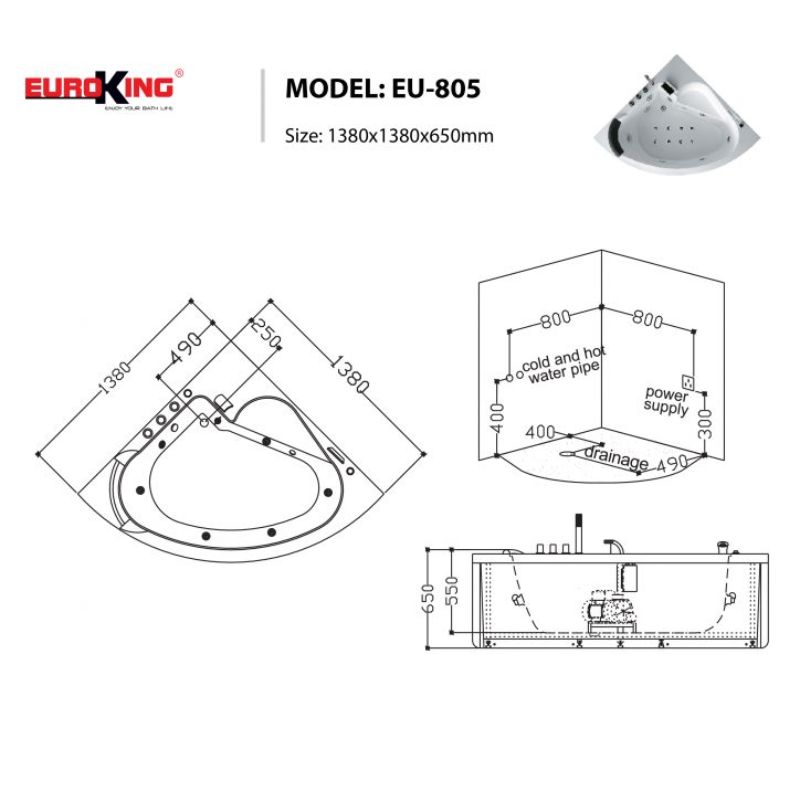 Bồn tắm massage EuroKing EU-805 5 Kích thước bồn tắm massage EuroKing EU-805