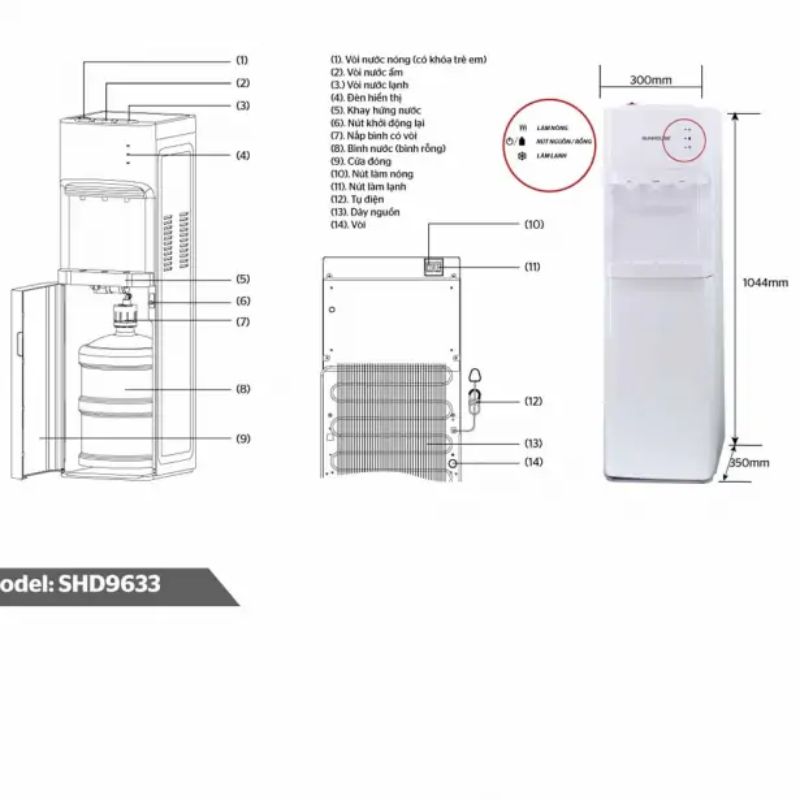Cây nước nóng lạnh Sunhouse SHD9633 5 Kích thước cây nước nóng lạnh Sunhouse SHD9633
