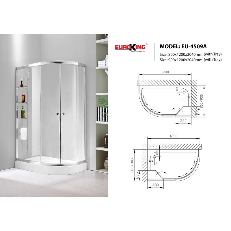 Phòng tắm vách kính Euroking EU-4509A 900mm 4 Kích thước phòng tắm vách kính Euroking EU-4509A 900mm
