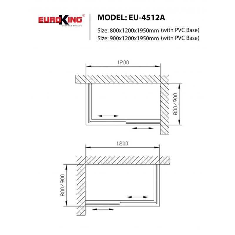 Phòng tắm vách kính Euroking EU-4512A 5 Kích thước phòng tắm vách kính Euroking EU-4512A