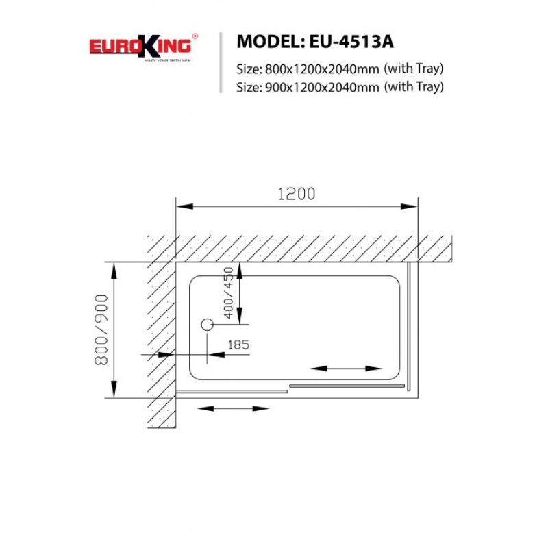 Phòng tắm vách kính Euroking EU-4513A 5 Kích thước phòng tắm vách kính Euroking EU-4513A
