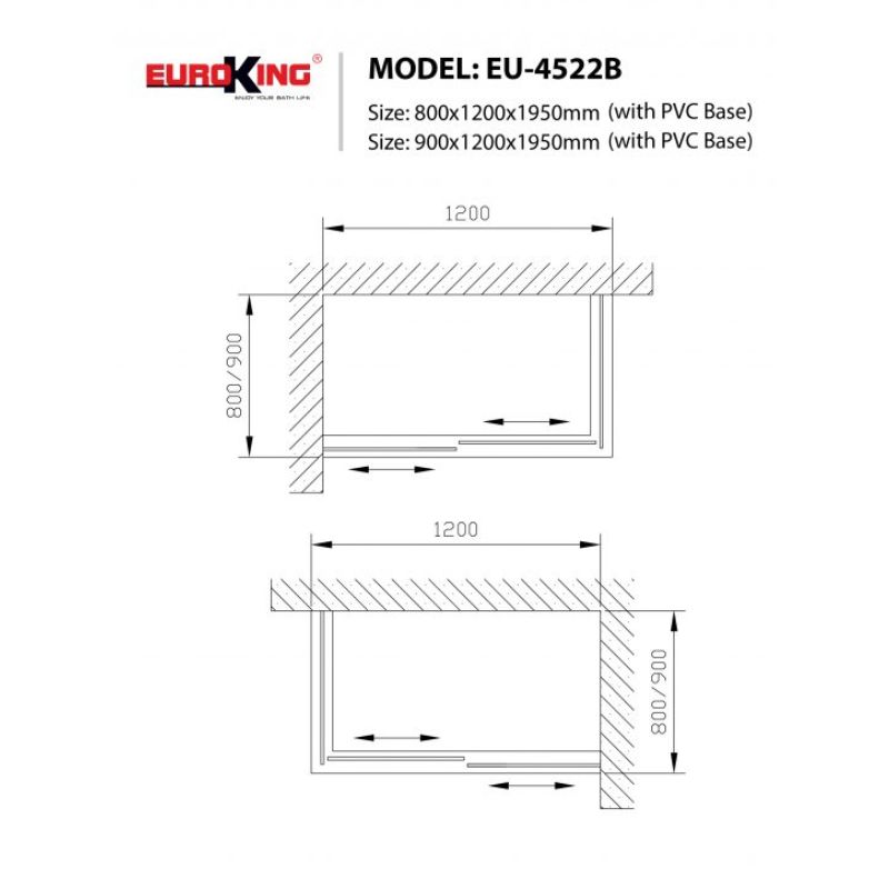Phòng tắm vách kính EuroKing EU-4522B 900mm 4 Kích thước phòng tắm vách kính EuroKing EU-4522B 900mm