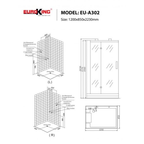 Phòng xông hơi Euroking EU-A302 5 Kích thước phòng xông hơi Euroking EU-A302