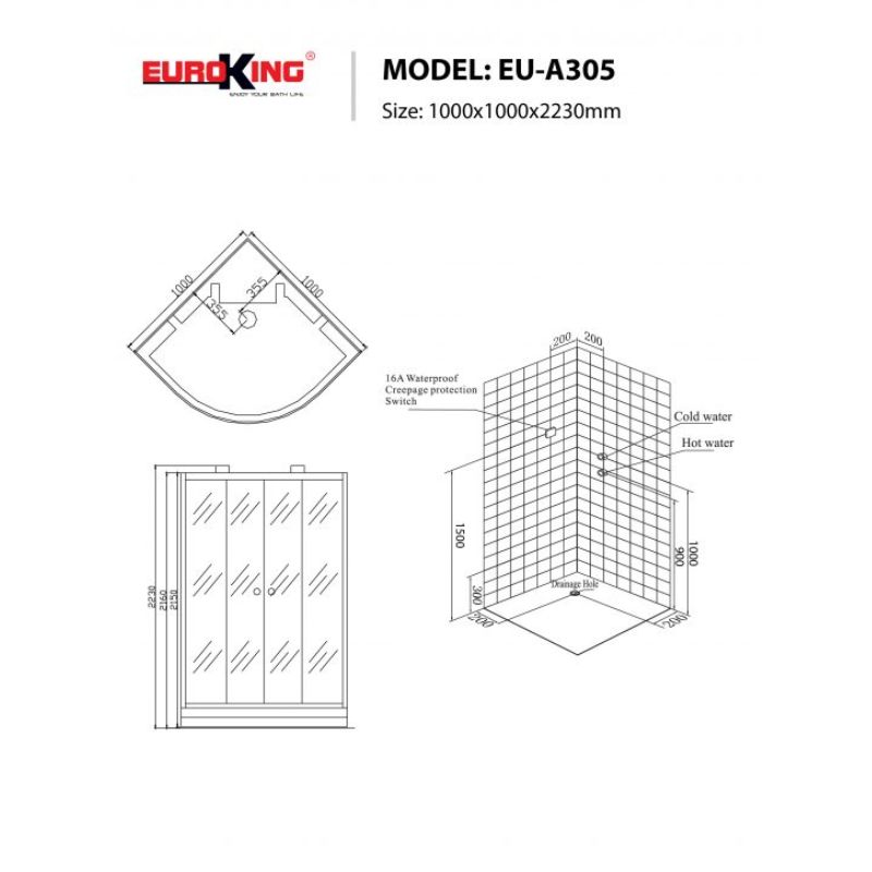 Phòng xông hơi Euroking EU-A305 5 Kích thước phòng xông hơi Euroking EU-A305