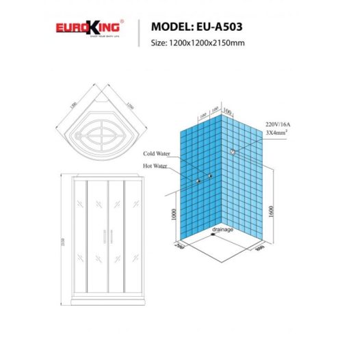Phòng xông hơi Euroking EU-A503 5 Kích thước phòng xông hơi Euroking EU-A503