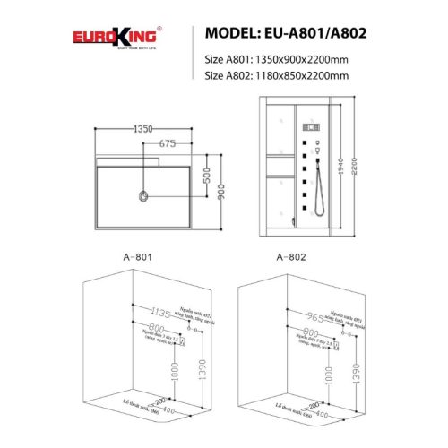 Phòng xông hơi EuroKing EU-A801 5 Kích thước phòng xông hơi EuroKing EU-A801