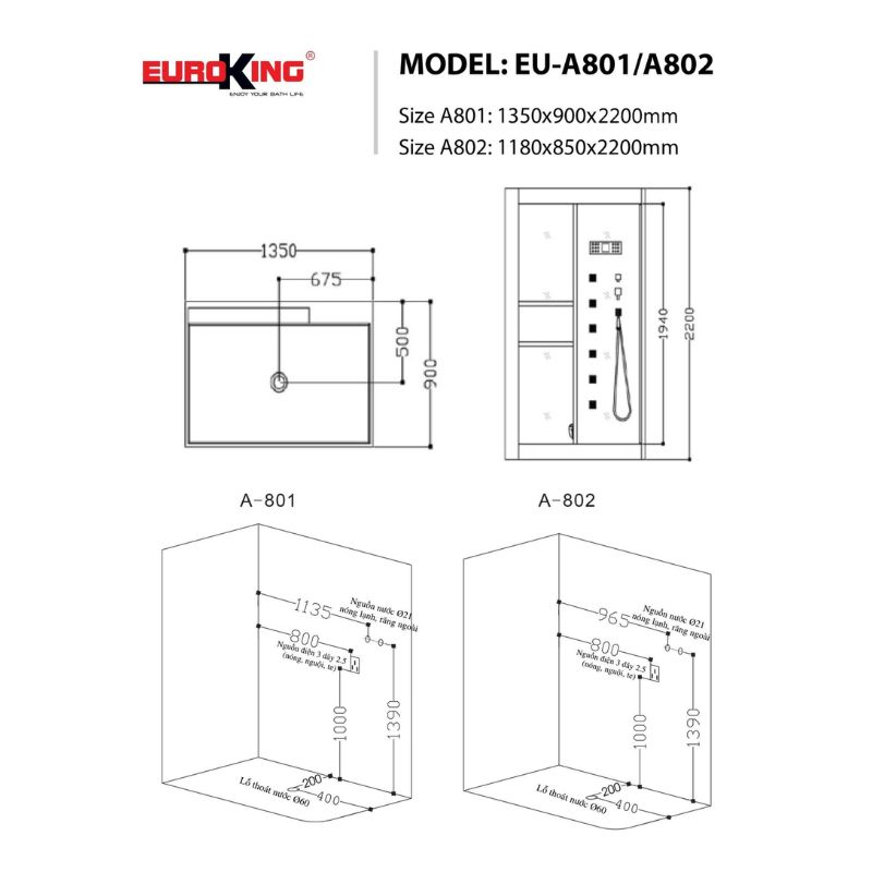 Phòng xông hơi EuroKing EU-A801 4 Kích thước phòng xông hơi EuroKing EU-A801