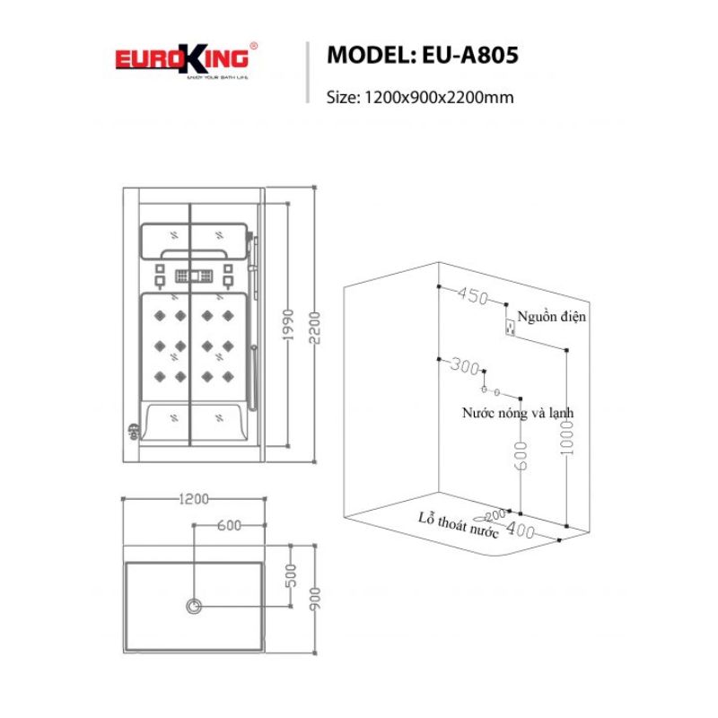 Phòng xông hơi EuroKing EU-A805 4 Kích thước phòng xông hơi EuroKing EU-A805