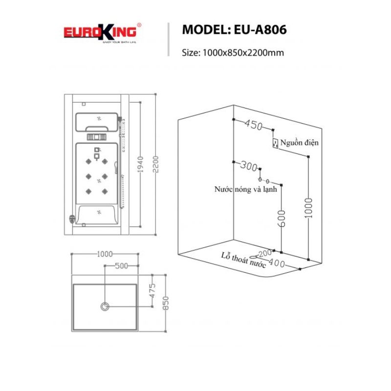 Phòng xông hơi EuroKing EU-A806 4 Kích thước phòng xông hơi EuroKing EU-A806