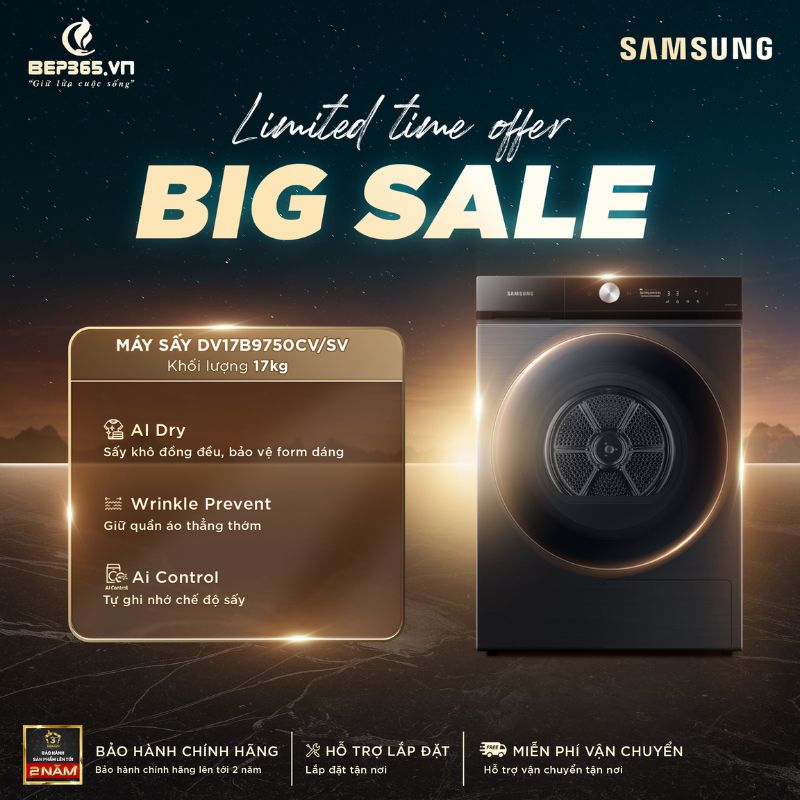 Mấy Sấy Bơm Nhiệt Inverter Samsung 17 Kg DV17B9750CV/SV 3 Big sale Mấy Sấy Bơm Nhiệt Inverter Samsung 17 Kg DV17B9750CV/SV