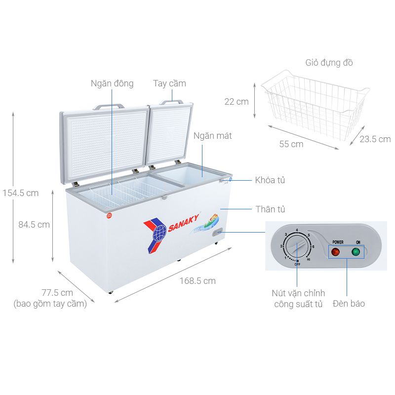 Tủ đông Sanaky 485 lít VH6699W1 6 Kích thước Tủ đông Sanaky 485 lít VH6699W1