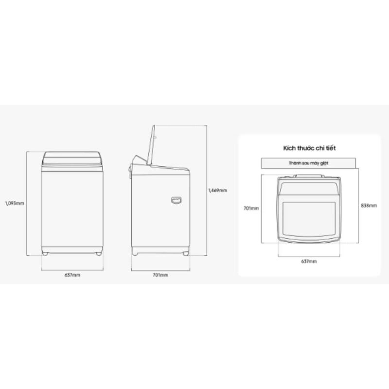 Máy giặt Samsung Inverter 21 kg WA80F21B9BSV 6 Kích thước máy giặt Samsung Inverter 21 kg WA80F21B9BSV