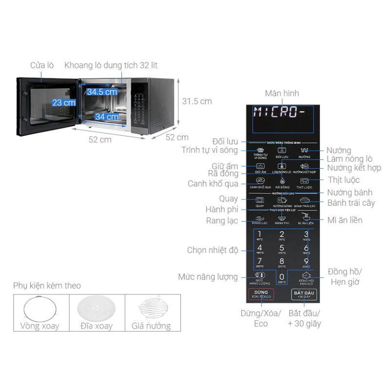 Kích thước Lò vi sóng có nướng Sharp R-C932XVN-BST 32 lít Kích thước Lò vi sóng có nướng Sharp R-C932XVN-BST 32 lít