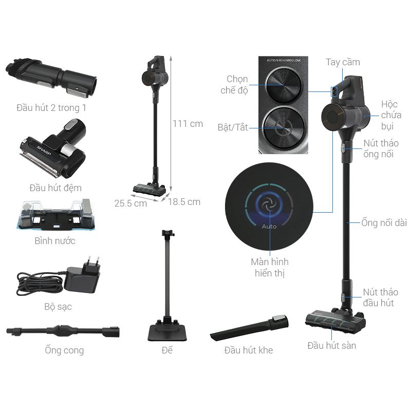 Kích thước Máy hút bụi không dây Sharp EC-SG94V-B Kích thước Máy hút bụi không dây Sharp EC-SG94V-B