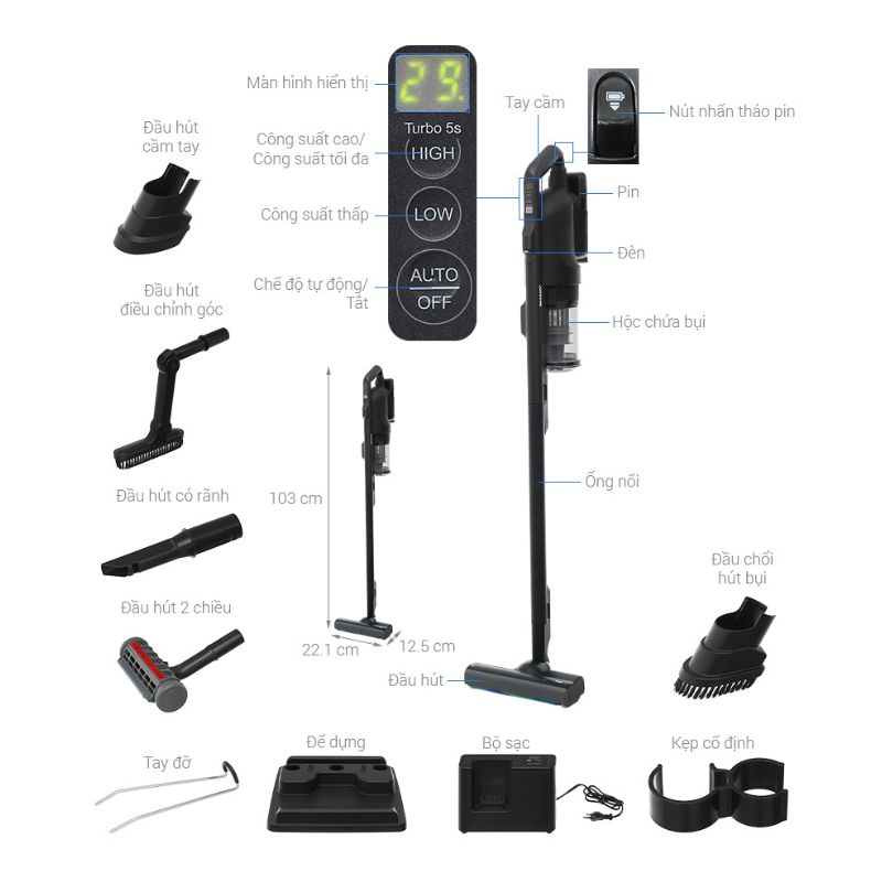 Kích thước Máy hút bụi không dây Sharp EC-SR10-B Kích thước Máy hút bụi không dây Sharp EC-SR10-B
