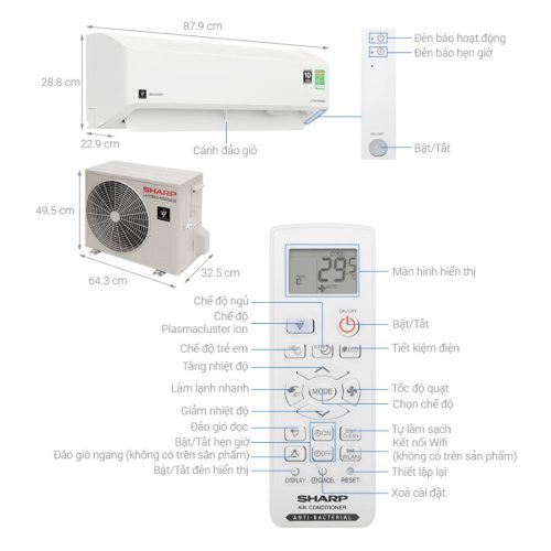 Máy lạnh Sharp Inverter 1.5 HP AH-XP13CMW 5 Kích thước Máy lạnh Sharp Inverter 1.5 HP AH-XP13CMW
