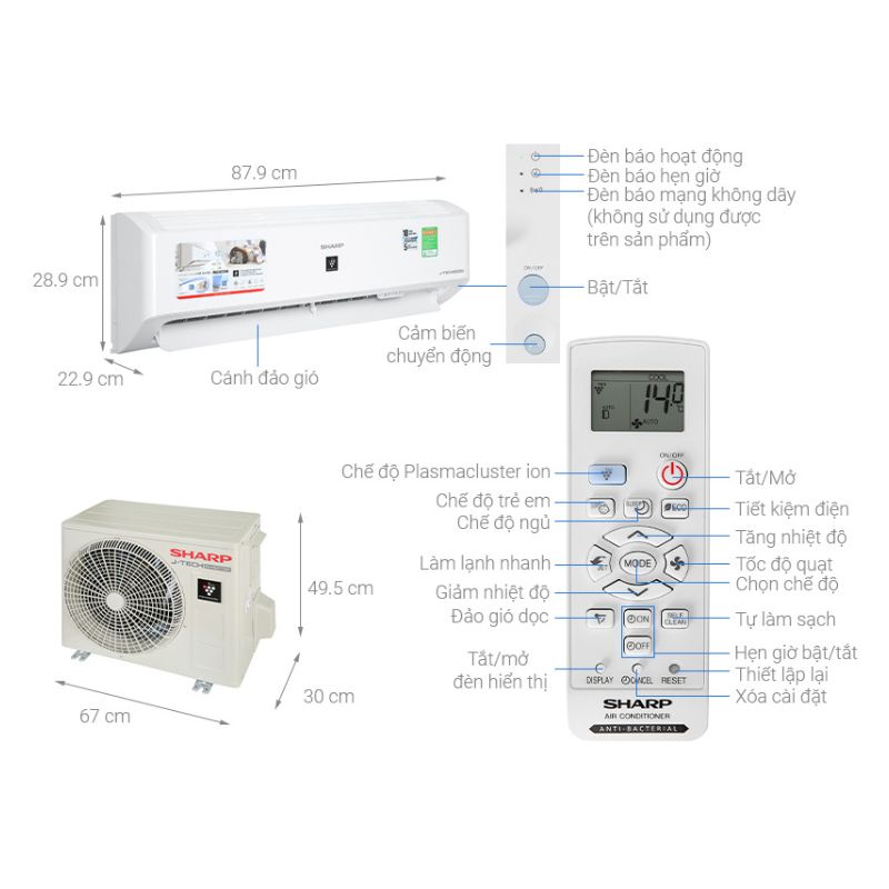 Kích thước Máy lạnh Sharp Inverter 1.5 HP AH-XP13YMW Kích thước Máy lạnh Sharp Inverter 1.5 HP AH-XP13YMW