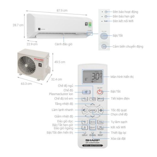 Máy Lạnh Sharp Inverter 1 HP AH-XP10CHW 4 Kích thước Máy Lạnh Sharp Inverter 1 HP AH-XP10CHW