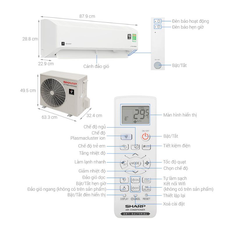 Kích thước Máy lạnh Sharp Inverter 1 HP AH-XP10CMW Kích thước Máy lạnh Sharp Inverter 1 HP AH-XP10CMW