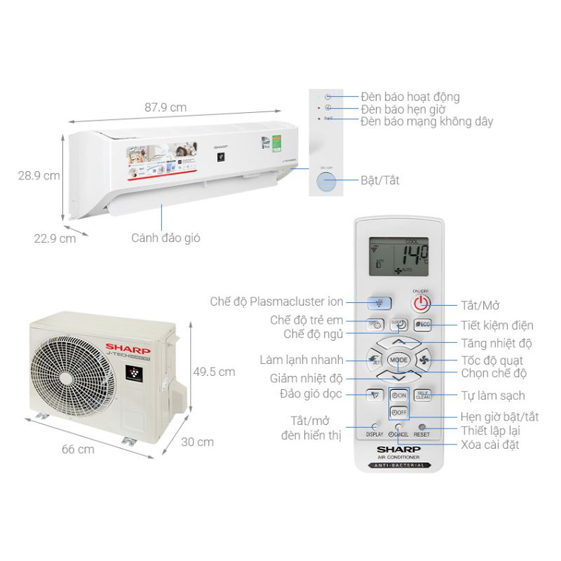Kích thước Máy lạnh Sharp Inverter 1 HP AH-XP10YMW Kích thước Máy lạnh Sharp Inverter 1 HP AH-XP10YMW
