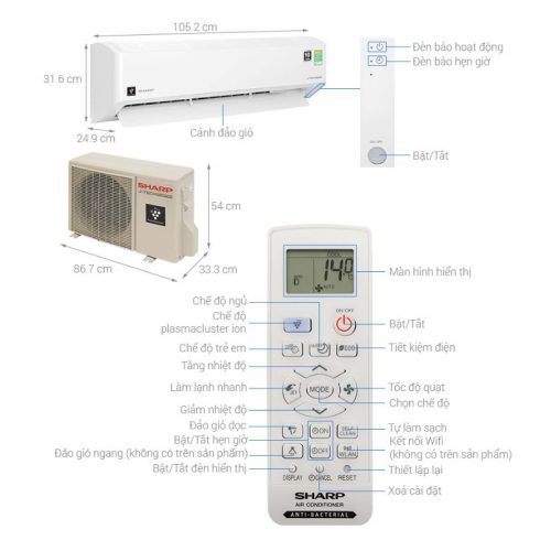 Máy lạnh Sharp Inverter 2.5 HP AH-XP24CMW 5 Kích thước Máy lạnh Sharp Inverter 2.5 HP AH-XP24CMW