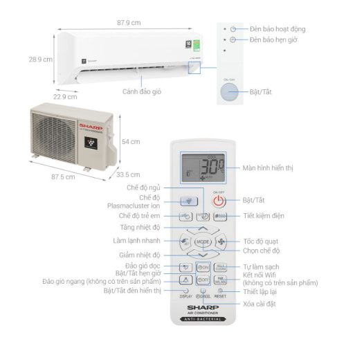 Máy lạnh Sharp Inverter 2 HP AH-XP18CMW 5 Kích thước Máy lạnh Sharp Inverter 2 HP AH-XP18CMW