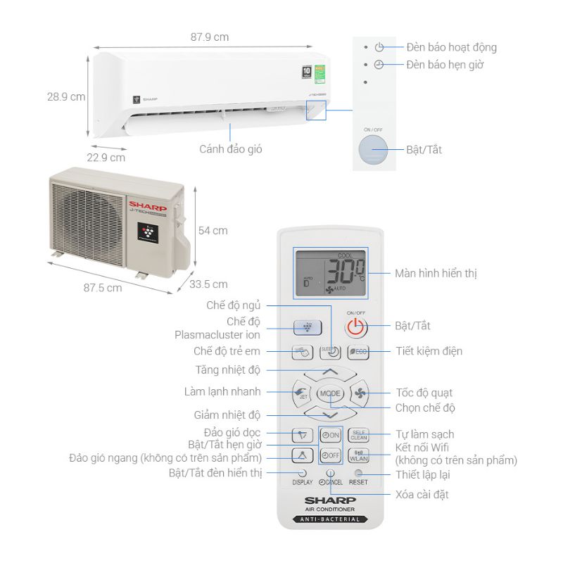 Kích thước Máy lạnh Sharp Inverter 2 HP AH-XP18CMW Kích thước Máy lạnh Sharp Inverter 2 HP AH-XP18CMW