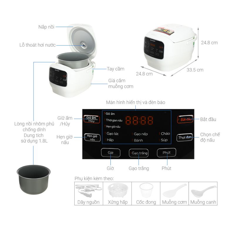 Kích thước Nồi cơm điện tử Sharp 1.8 lít KS-COM183MV-WH Kích thước Nồi cơm điện tử Sharp 1.8 lít KS-COM183MV-WH