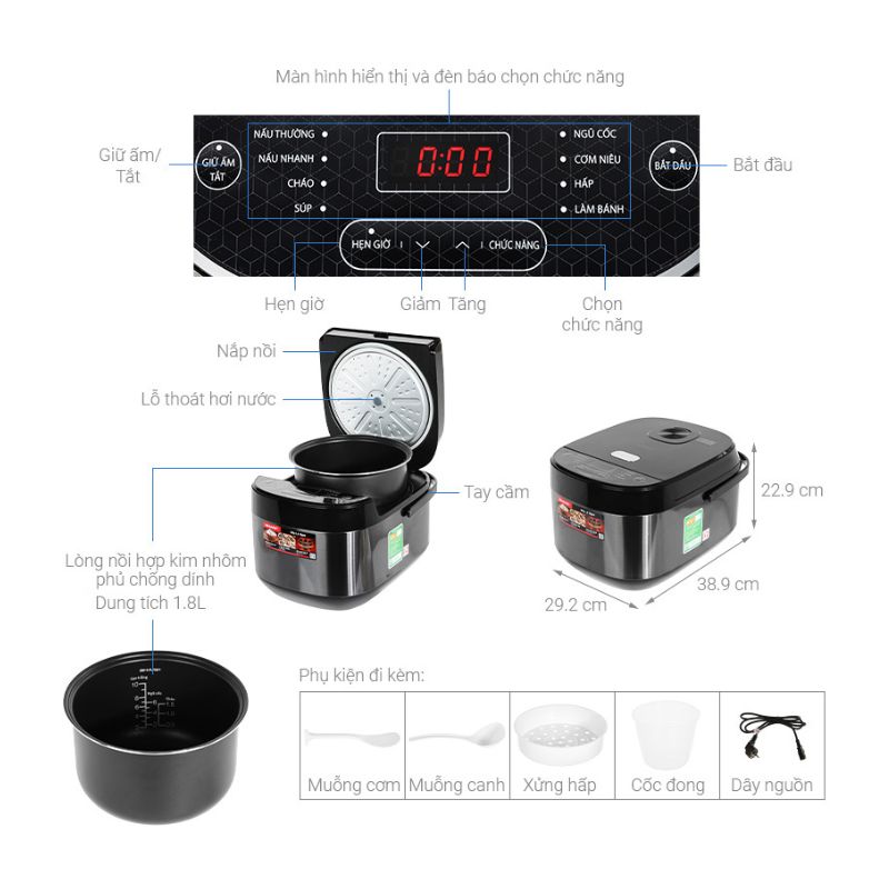 Kích thước Nồi cơm điện tử Sharp 1.8 lít KS-COM194EV-BK/RD Kích thước Nồi cơm điện tử Sharp 1.8 lít KS-COM194EV-BK/RD