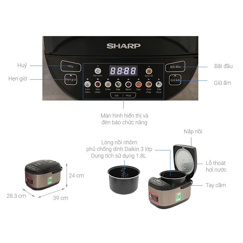 Kích thước Nồi cơm điện tử Sharp 1.8 lít KS-TH18E2O-RS Kích thước Nồi cơm điện tử Sharp 1.8 lít KS-TH18E2O-RS
