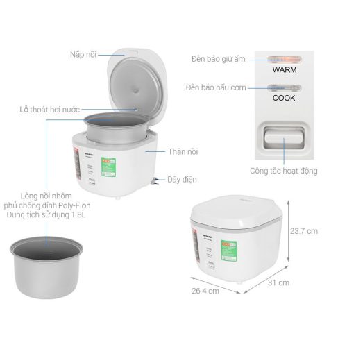Nồi cơm nắp gài Sharp 1.8 lít KS-PR20ETV-WH 5 Kích thước Nồi cơm nắp gài Sharp 1.8 lít KS-PR20ETV-WH