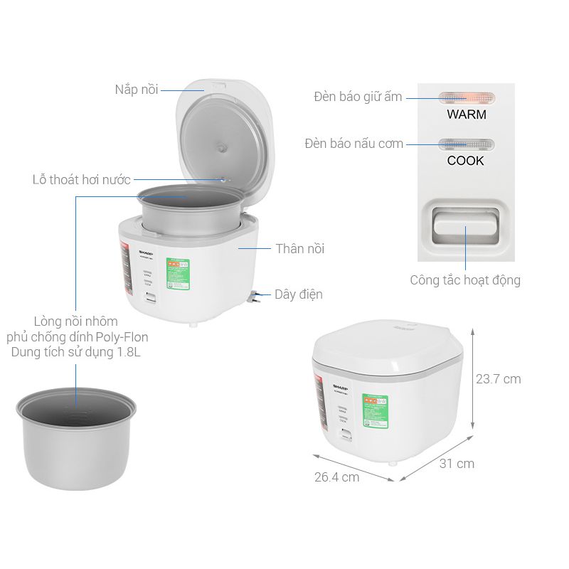 Kích thước Nồi cơm nắp gài Sharp 1.8 lít KS-PR20ETV-WH Kích thước Nồi cơm nắp gài Sharp 1.8 lít KS-PR20ETV-WH