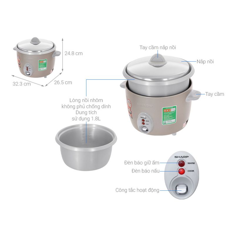 Kích thước Nồi cơm nắp rời Sharp 1.8 lít KSH-F188V-GB Kích thước Nồi cơm nắp rời Sharp 1.8 lít KSH-F188V-GB
