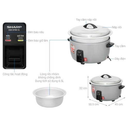 Nồi cơm nắp rời Sharp 6.5 lít KSH-H65V-SL 5 Kích thước Nồi cơm nắp rời Sharp 6.5 lít KSH-H65V-SL