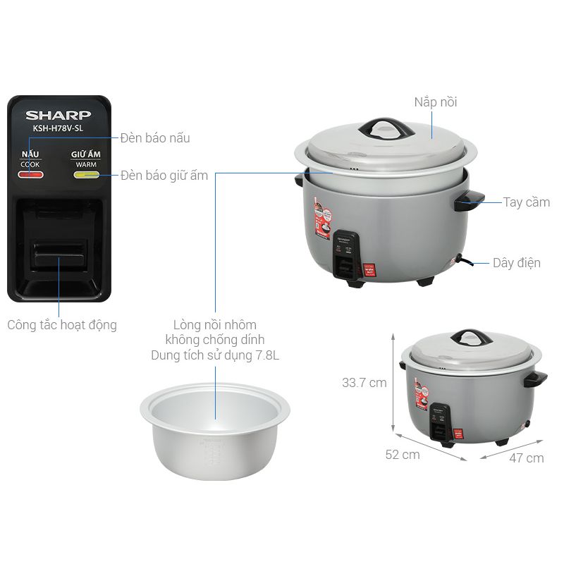 Kích thước Nồi cơm nắp rời Sharp 7.8 lít KSH-H78V-SL Kích thước Nồi cơm nắp rời Sharp 7.8 lít KSH-H78V-SL