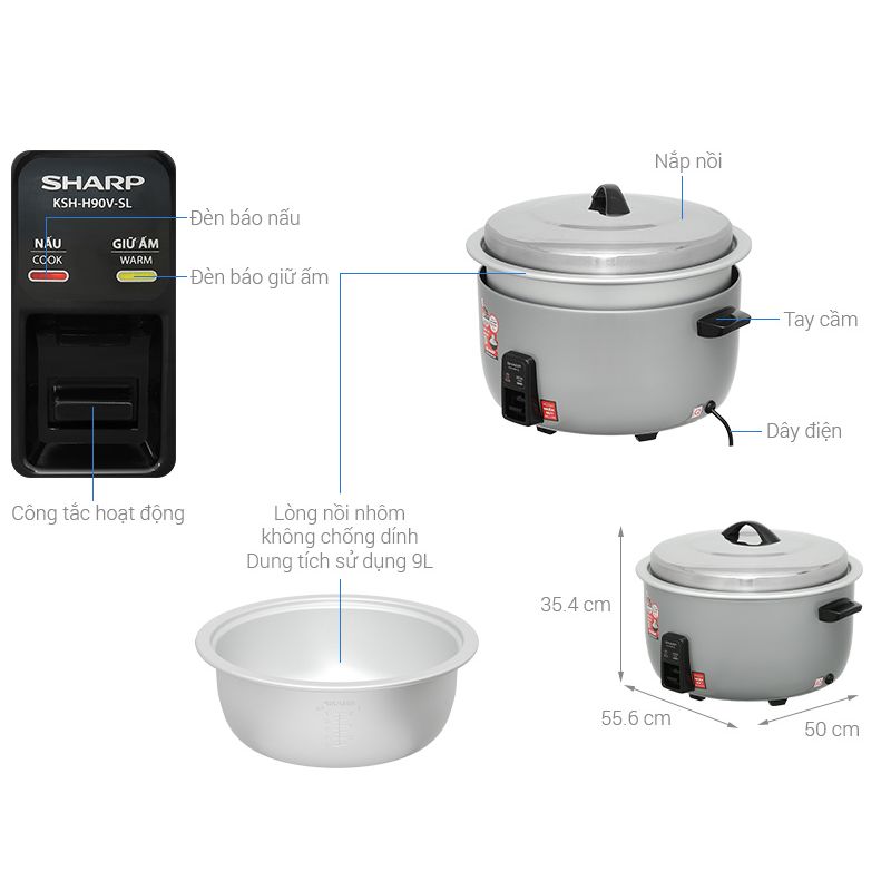 Kích thước Nồi cơm nắp rời Sharp 9 lít KSH-H90V-SL Kích thước Nồi cơm nắp rời Sharp 9 lít KSH-H90V-SL