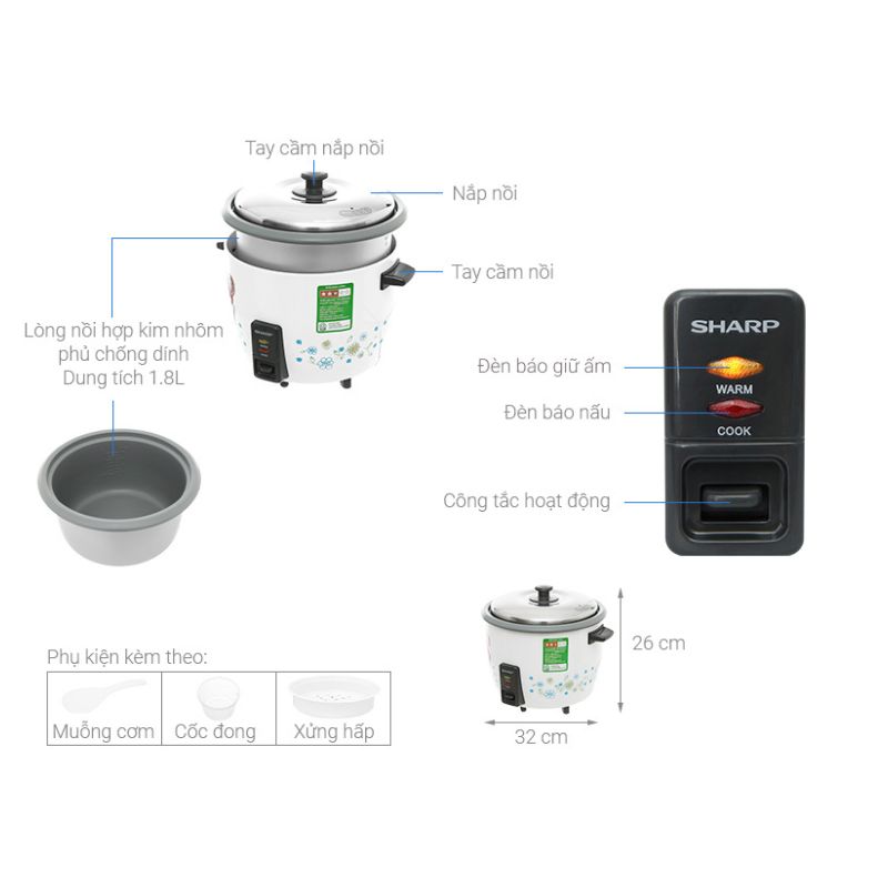 Kích thước Nồi cơm nắp rời Sharp KSH-218SNV-SF 1.8 lít Kích thước Nồi cơm nắp rời Sharp KSH-218SNV-SF 1.8 lít