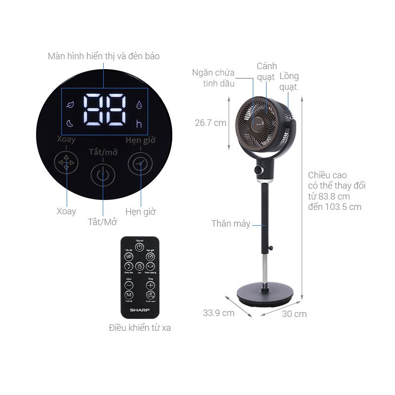 Kích thước Quạt tuần hoàn Sharp 3 cánh PJ-CD433V-H 20W Kích thước Quạt tuần hoàn Sharp 3 cánh PJ-CD433V-H 20W