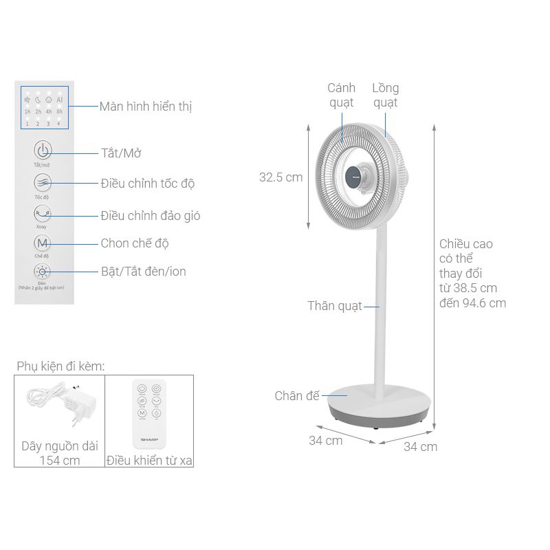 Kích thước Quạt tuần hoàn Sharp 9 cánh PJ-CD404V-W 24W Kích thước Quạt tuần hoàn Sharp 9 cánh PJ-CD404V-W 24W