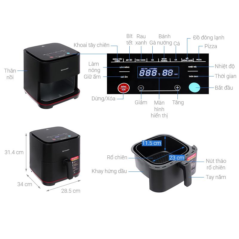 Kích thước Nồi chiên không dầu Sharp 7 lít KF-AF70EV-BK Kích thước Nồi chiên không dầu Sharp 7 lít KF-AF70EV-BK