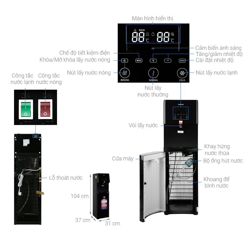 Kích thước Máy nước nóng lạnh Toshiba RWF-W1830BV Kích thước Máy nước nóng lạnh Toshiba RWF-W1830BV