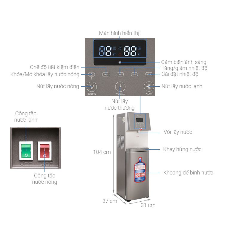 Kích thước Máy nước nóng lạnh Toshiba RWF-W1830UVBV Kích thước Máy nước nóng lạnh Toshiba RWF-W1830UVBV