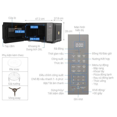 Lò vi sóng mặt gương MW3-EG26PE(BM)VN 5 Kích thước Lò vi sóng mặt gương MW3-EG26PE(BM)VN