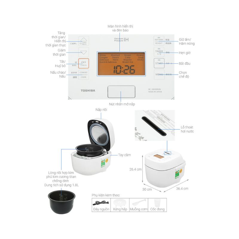 Kích thước Nồi cơm cao tần áp suất chân không TOSHIBA RC-18VXWVN(W) Kích thước Nồi cơm cao tần áp suất chân không TOSHIBA RC-18VXWVN(W)