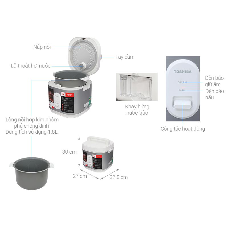 Kích thước Nồi cơm điện OBENTO TOSHIBA RC-18JRUVN(W) Kích thước Nồi cơm điện OBENTO TOSHIBA RC-18JRUVN(W)